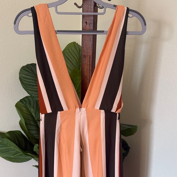 Vici Peach and Brown Striped Wide Leg Jumpsuit - Picture 4 of 5